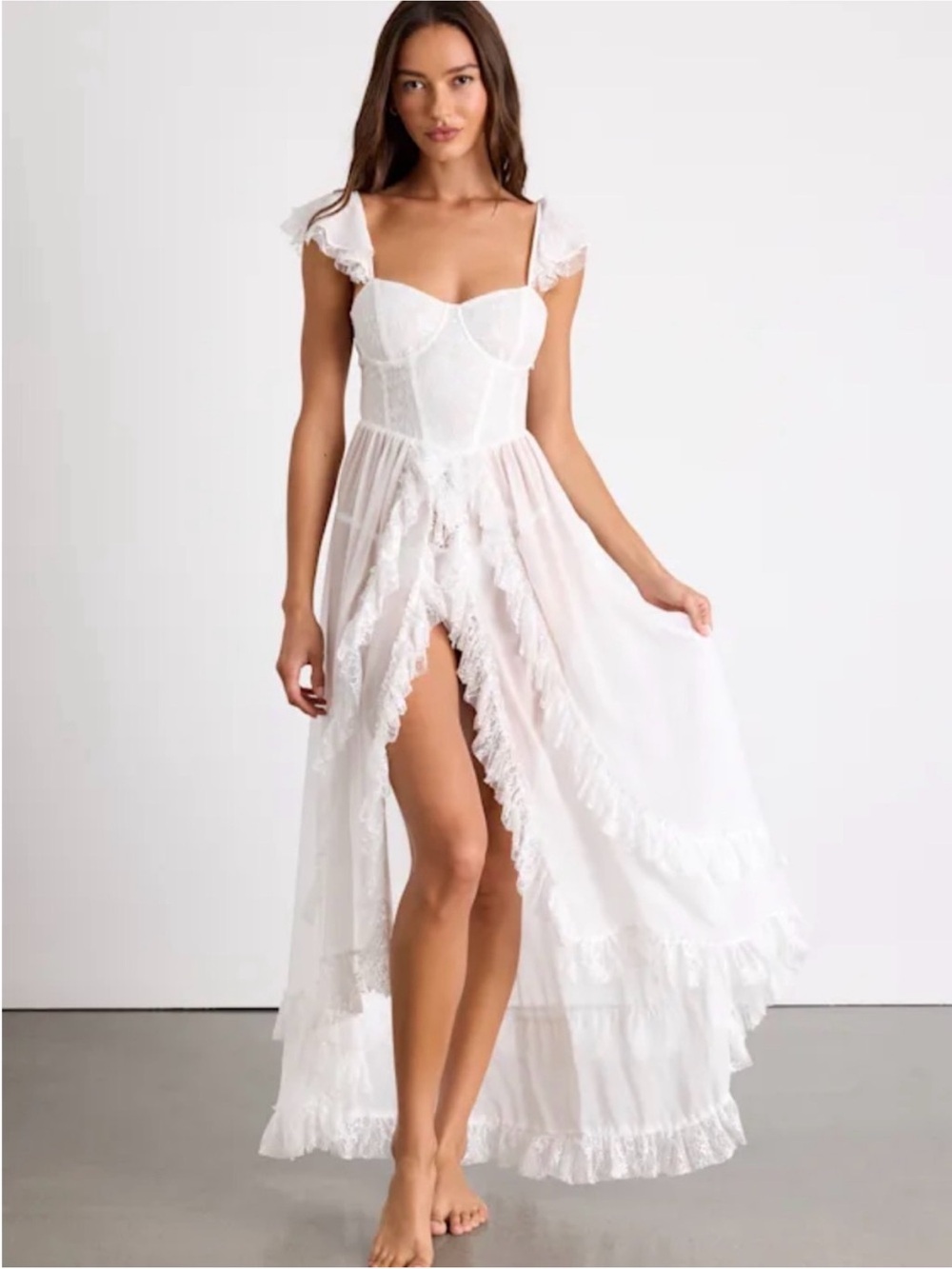 NWOT Lulu's White Lace Trim Shimmer Corset Slip Lingerie Midi Dress